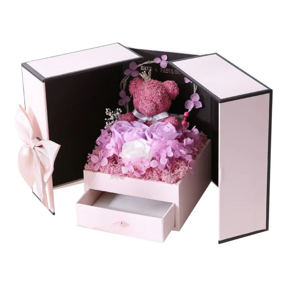 Rose Bear Gift Box with Eternal Rose and Necklace Fusion Gifts