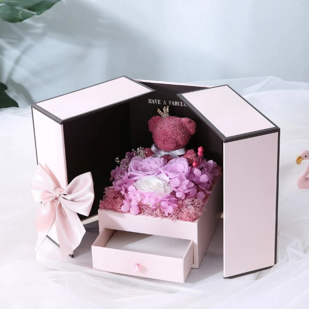 Rose Bear Gift Box with Eternal Rose and Necklace Fusion Gifts