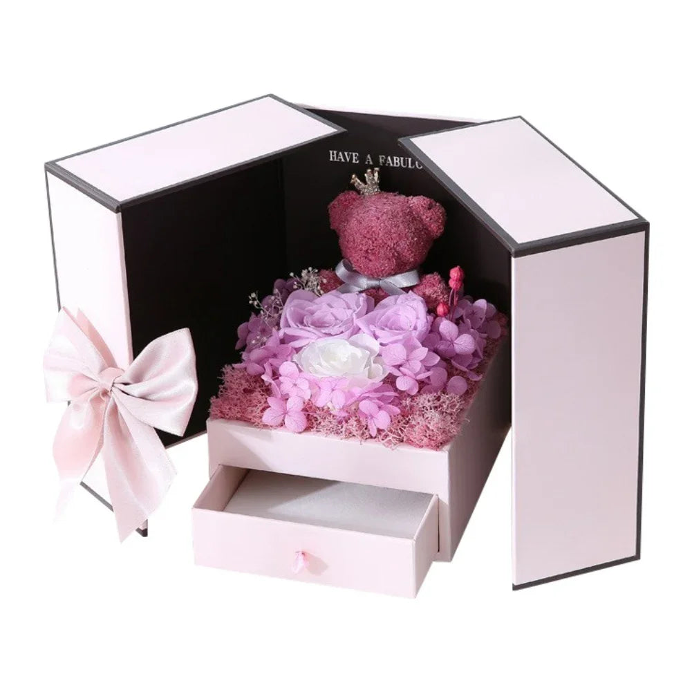Rose Bear Gift Box with Eternal Rose and Necklace Fusion Gifts