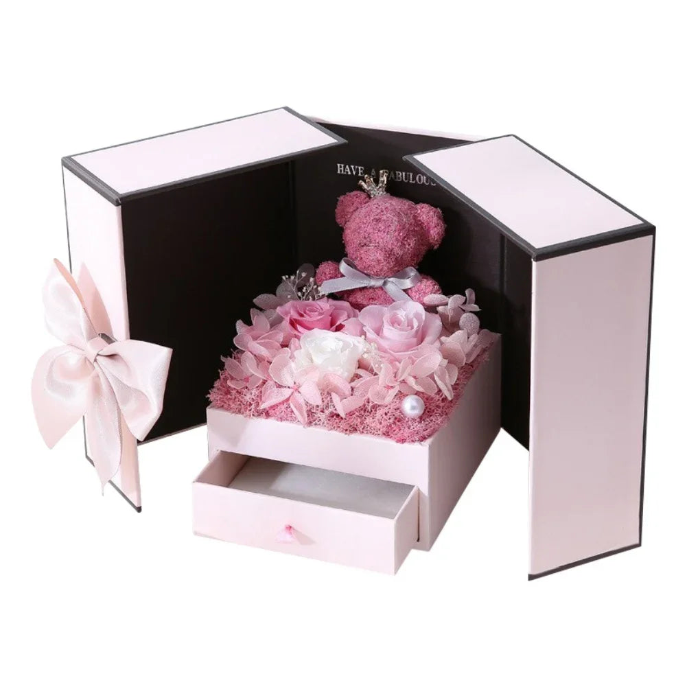 Rose Bear Gift Box with Eternal Rose and Necklace Fusion Gifts