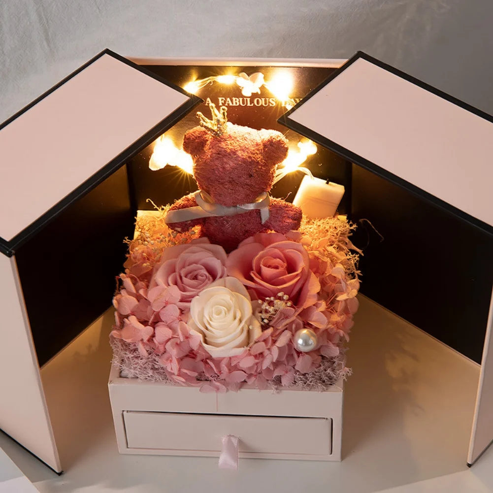 Rose Bear Gift Box with Eternal Rose and Necklace Fusion Gifts